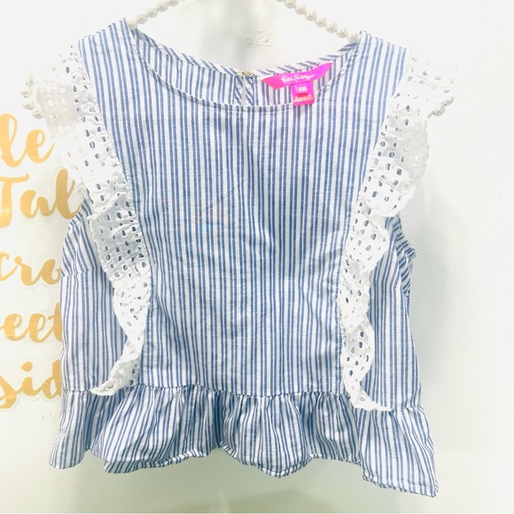 LILLY PULITZER Ellis Peplum Blue Stripe Eyelet Ruffle Sleeveless Top Blo… - Picture 2 of 13